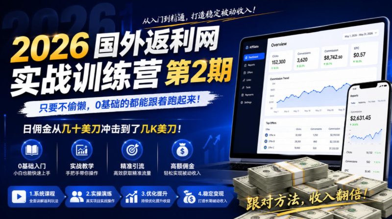 2026年国外返利网实战训练营第2期，只要不偷懒，0基础的都能跟着跑起来，日佣金从几十美刀冲击到了几K美刀-大伟资源网