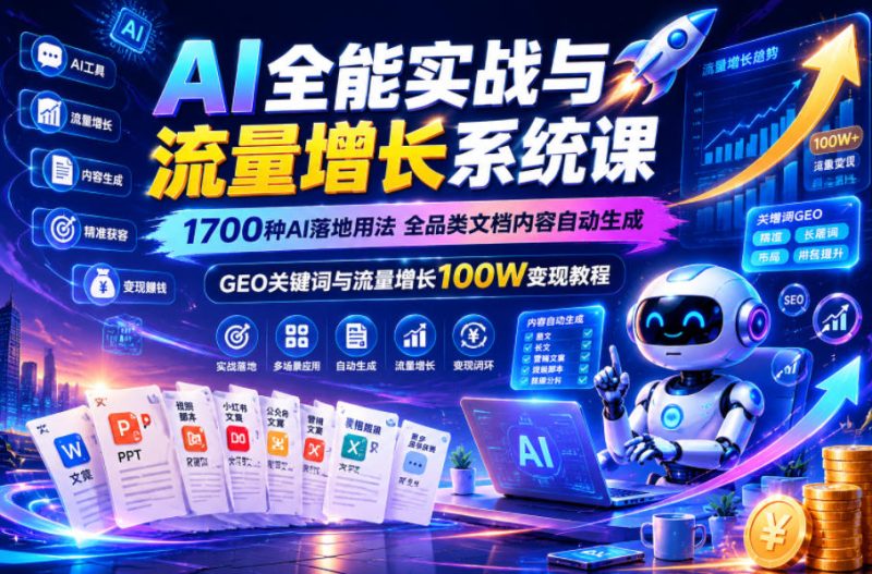AI全能实战与流量增长系统课，1700种AI落地用法，全品类文档内容自动生成，GEO关键词与流量增长100W变现教程-大伟资源网