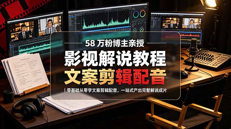 58 万粉博主荧幕春秋亲授影视解说教程｜零基础从零学文案剪辑配音，一站式产出完整解说成片-大伟资源网