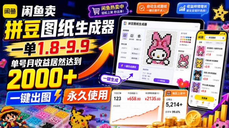 闲鱼卖拼豆图纸生成器，一单1.8-9.9，单号月收益居然达到2000+一键出图永久使用-大伟资源网