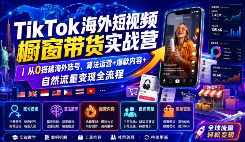 TikTok海外短视频橱窗带货实战营｜从0搭建海外账号，算法运营+爆款内容+自然流量变现全流程-大伟资源网