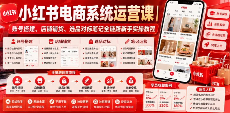 小红书电商系统运营课｜账号搭建、店铺铺货、选品对标笔记全链路新手实操教程-大伟资源网