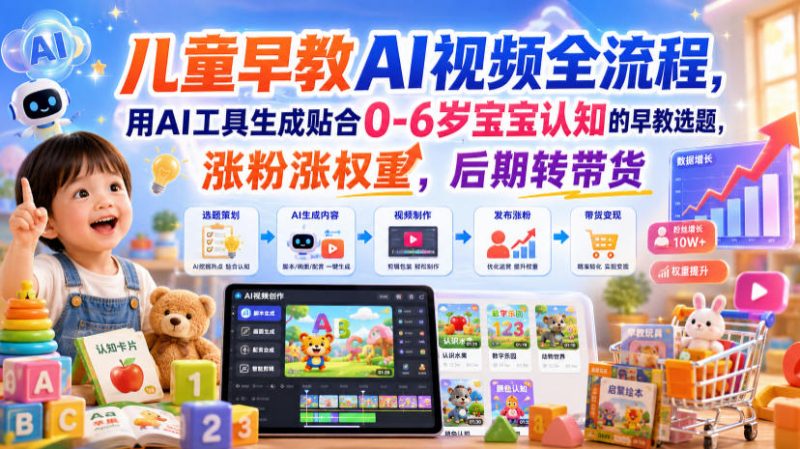 儿童早教AI视频全流程，用AI工具生成贴合0-6岁宝宝认知的早教选题，涨粉涨权重，后期转带货-大伟资源网