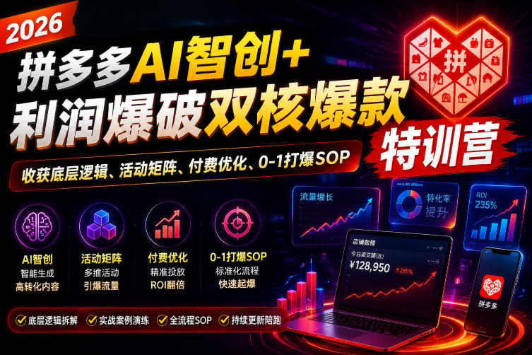2026拼多多AI智创+利润爆破双核爆款特训营，收获底层逻辑、活动矩阵、付费优化、0-1打爆SOP-大伟资源网