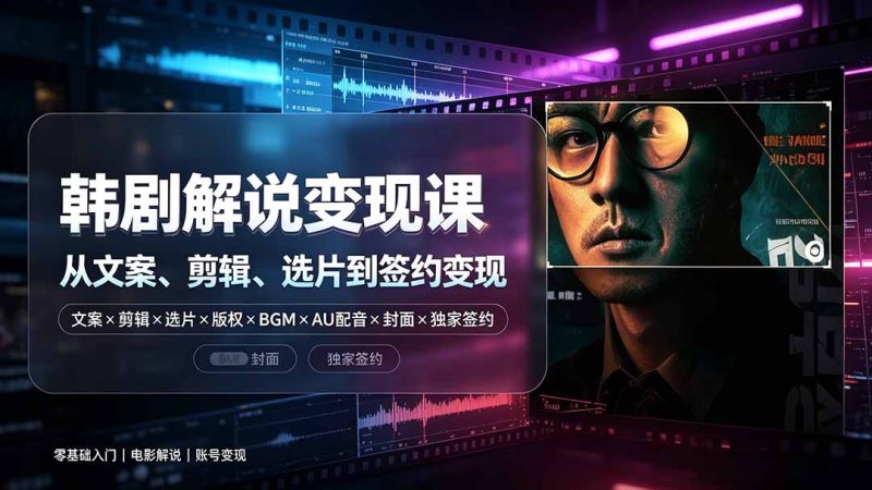 抖音270W粉丝博主亲授韩剧解说课：文案×剪辑×选片×版权×BGM×AU配音×封面×独家签约，零基础到变现-大伟资源网