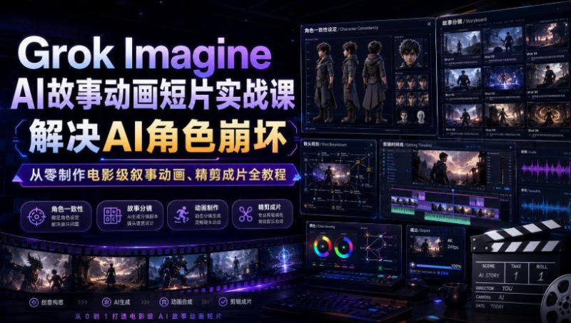 Grok Imagine AI故事动画短片实战课｜解决AI角色崩坏，从零制作电影级叙事动画、精剪成片全教程(中英字幕)-大伟资源网