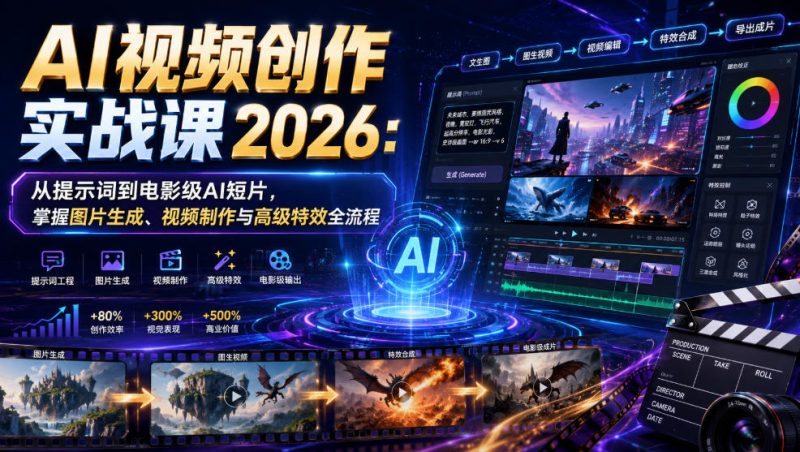 AI视频创作实战课2026：从提示词到电影级AI短片，掌握图片生成、视频制作与高级特效全流程-大伟资源网