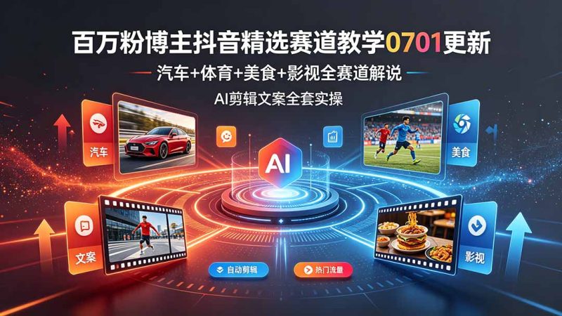 百万粉博主抖音精选赛道教学-0701更新，汽车+体育+美食+影视全赛道解说，AI剪辑文案全套实操-大伟资源网