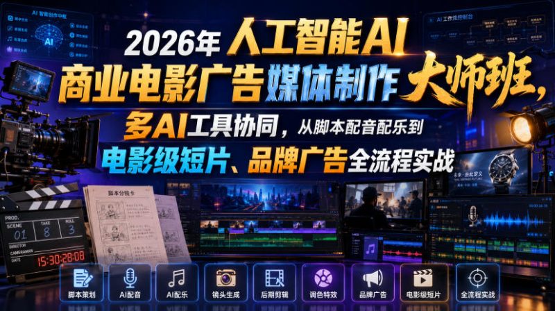 2026年人工智能AI商业电影广告媒体制作大师班，多AI工具协同，从脚本配音配乐到电影级短片、品牌广告全流程实战(中英字幕)-大伟资源网