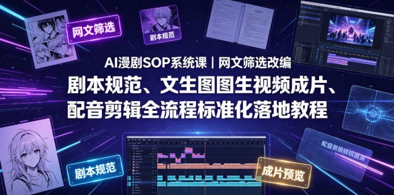 AI漫剧SOP系统课｜网文筛选改编、剧本规范、文生图图生视频成片、配音剪辑全流程标准化落地教程-大伟资源网