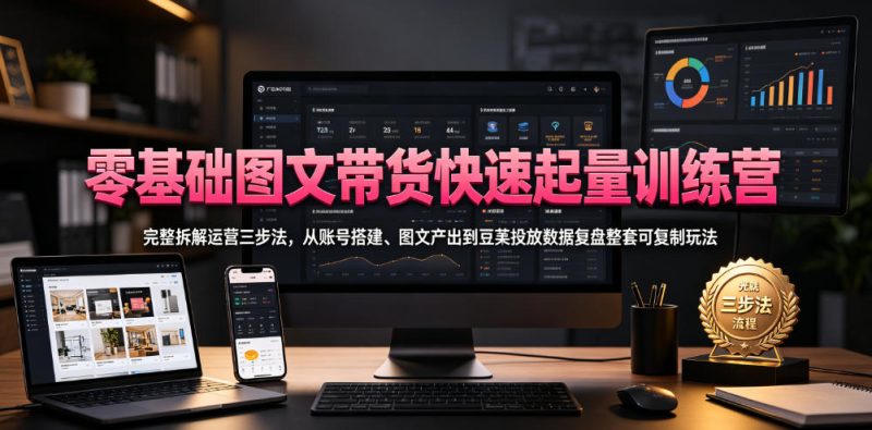 零基础图文带货快速起量训练营，完整拆解运营三步法，从账号搭建、图文产出到豆荚投放数据复盘整套可复制玩法-大伟资源网