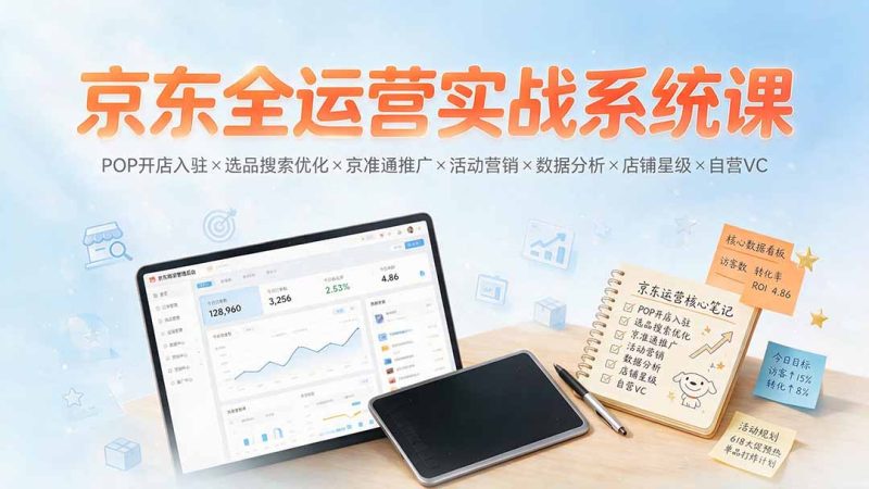 京东全运营实战系统课：POP开店入驻×选品搜索优化×京准通推广×活动营销×数据分析×店铺星级×自营VC-大伟资源网