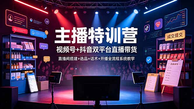 主播特训营：视频号+抖音双平台直播带货，直播间搭建+选品+话术+开播全流程系统教学-大伟资源网