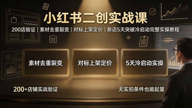 小红书二创实战课：200店验证｜素材去重裂变｜对标上架定价｜新店5天突破冷启动完整实操教程-大伟资源网