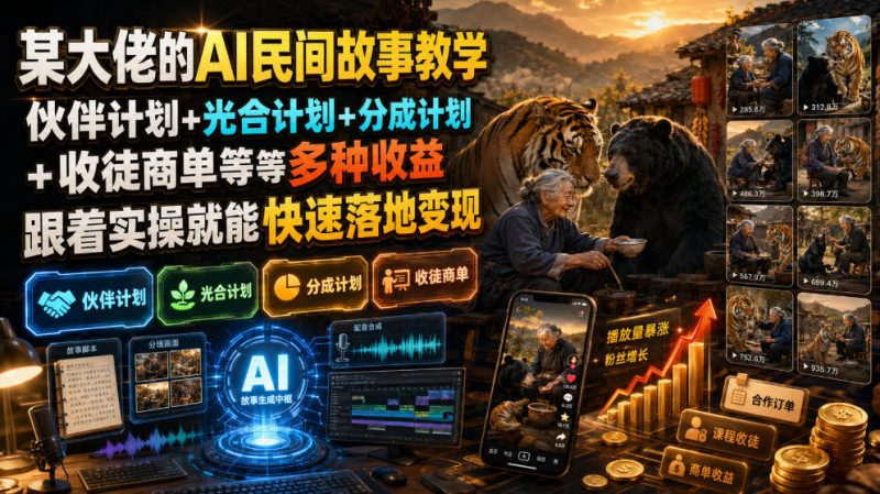 某大佬的AI民间故事教学，伙伴计划+光合计划+分成计划+收徒商单等多种收益，跟着实操就能快速落地变现-大伟资源网