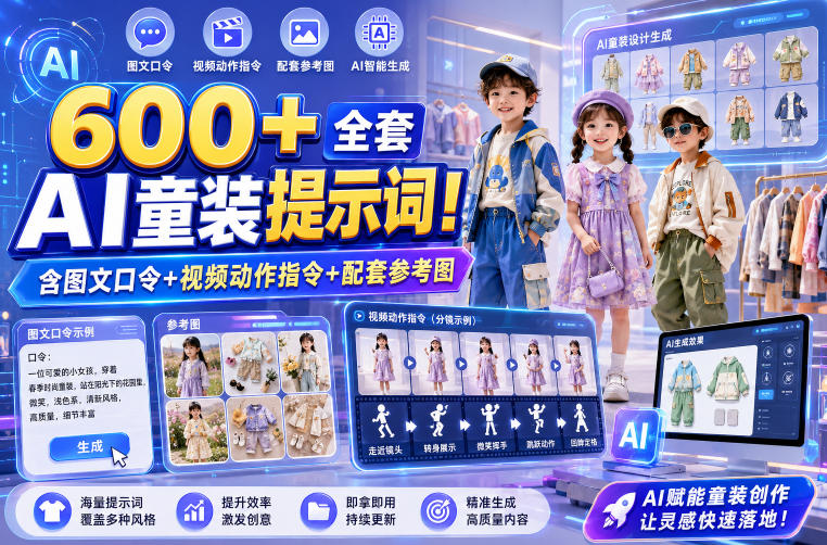 600+全套AI童装提示词！含图文口令+视频动作指令+配套参考图，Word-Excel规整分类，童装电商、种草无脑量产内容！-大伟资源网