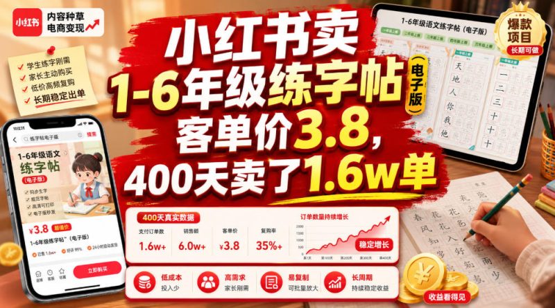 小红书卖1-6年级练字帖(电子版)，客单价3.8，400天卖了1.6w单-大伟资源网