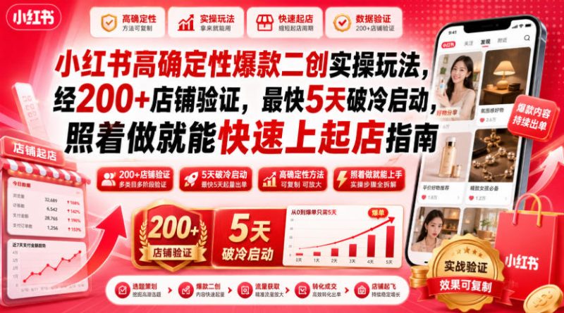小红书高确定性爆款二创实操玩法，经200+店铺验证，最快5天破冷启动，照着做就能快速上起店指南-大伟资源网