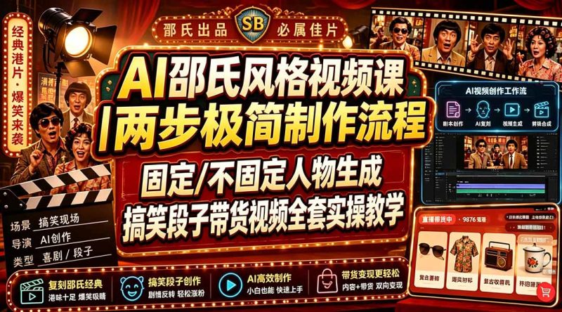 AI邵氏风格视频课｜两步极简制作流程，固定/不固定人物生成，搞笑段子带货视频全套实操教学-大伟资源网