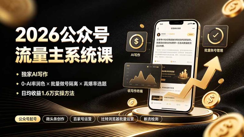2026公众号流量主系统课：独家AI写作×0-AI率润色×批量做号隔离×高爆率选题，日均收益1.6万实操方法-大伟资源网