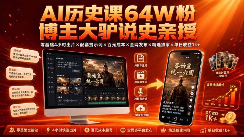 AI历史课64W粉博主大驴说史亲授：零基础4小时出片×配套提示词×百元成本×全网发布×精选独家×单日收益1k+-大伟资源网