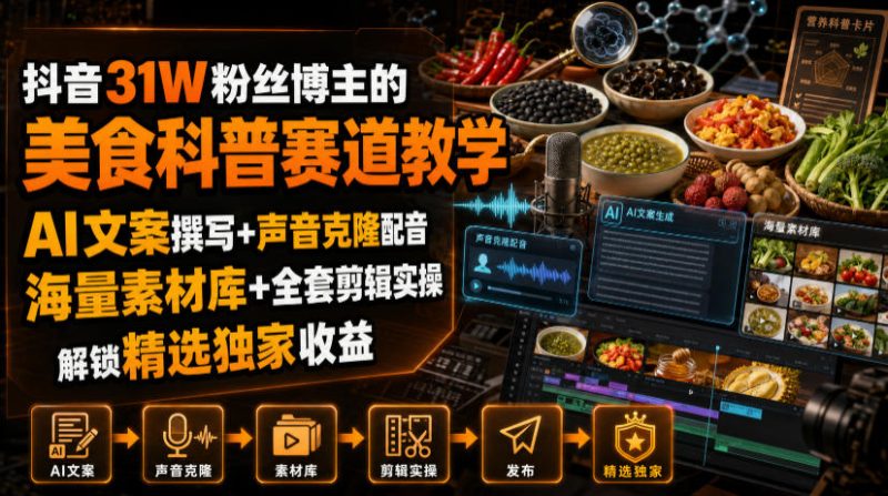 抖音31W粉丝博主的美食科普赛道教学，AI文案撰写+声音克隆配音+剪辑实操，解锁精选独家收益-大伟资源网