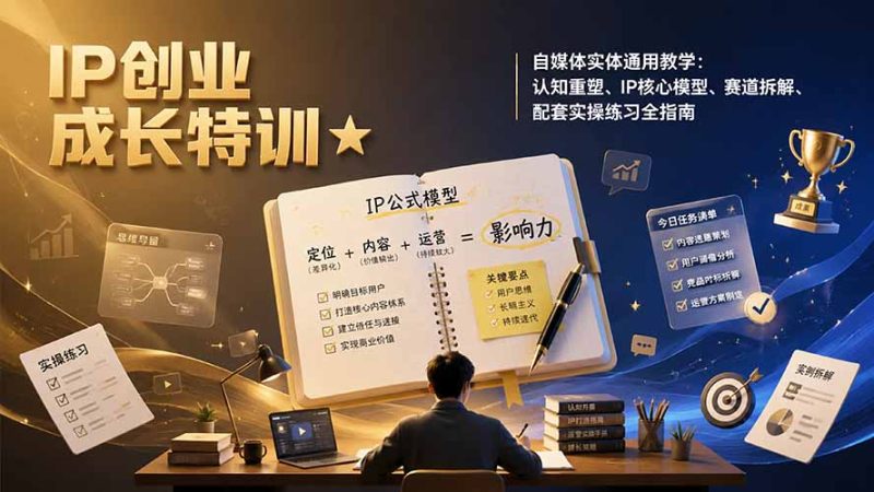 IP创业成长特训★自媒体实体通用教学：认知重塑、IP核心模型、赛道拆解、配套实操练习全指南-大伟资源网