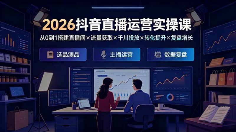 2026抖音直播运营实操课：从0到1搭建直播间×流量获取×千川投放×转化提升×复盘增长，系统掌握完整闭环-大伟资源网