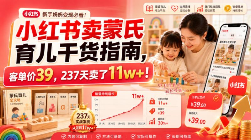小红书卖蒙氏育儿干货指南，客单价39，237天卖了11w+！-大伟资源网