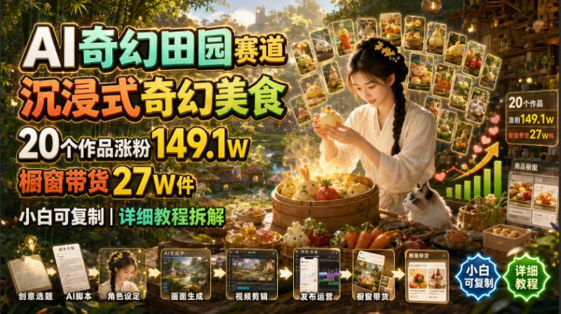 AI奇幻田园赛道，沉浸式奇幻美食，20个作品涨粉149.1W，橱窗带货27W件，小白可复制，详细教程拆解-大伟资源网
