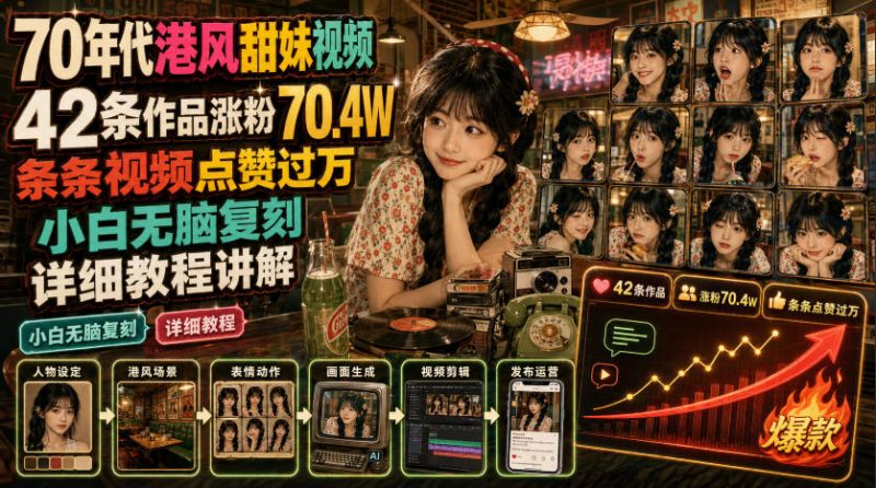 70年代港风甜妹视频，42条作品涨粉70.4W，条条视频点赞过万，小白无脑复刻，详细教程讲解-大伟资源网