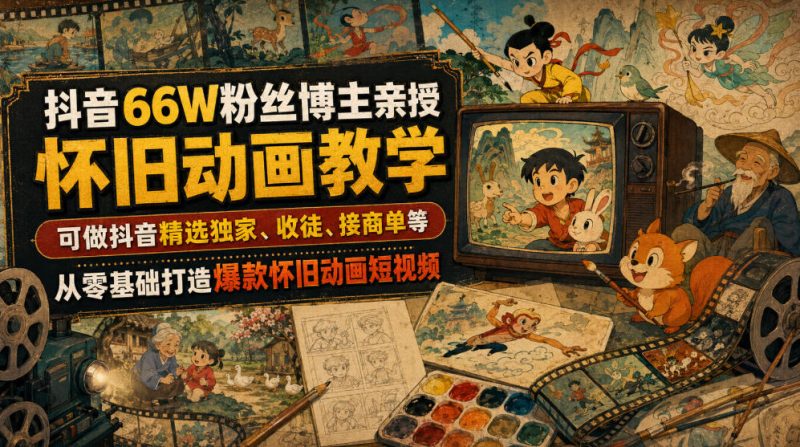 抖音66W粉丝博主亲授怀旧动画教学，可做抖音精选独家、收徒、接商单等，从零基础打造爆款怀旧动画短视频-大伟资源网