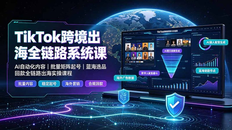 TikTok跨境出海全链路系统课-2026年7月：AI自动化内容｜批量矩阵起号｜蓝海选品回款全链路出海实操课程-大伟资源网