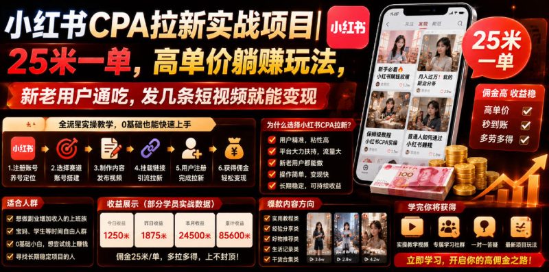小红书CPA拉新实战项目｜25米一单，高单价躺賺玩法，新老用户通吃，发几条短视频就能变现(更新0711)-大伟资源网