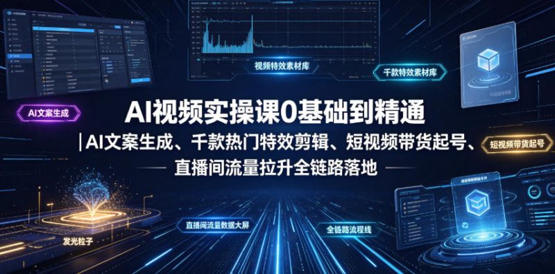 AI视频实操课0基础到精通｜AI文案生成、千款热门特效剪辑、短视频带货起号、直播间流量拉升全链路落地-大伟资源网