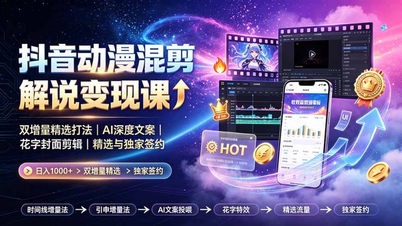 抖音动漫混剪解说变现课：双增量精选打法｜AI深度文案｜花字封面剪辑｜ 精选与独家签约日入1000+-大伟资源网