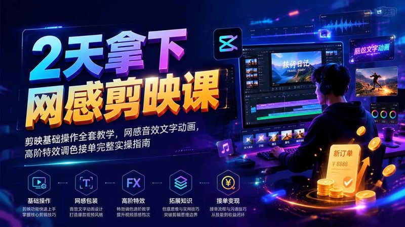 2天拿下网感剪辑课｜剪映基础操作全套教学，网感音效文字动画，高阶特效调色接单完整实操指南-大伟资源网