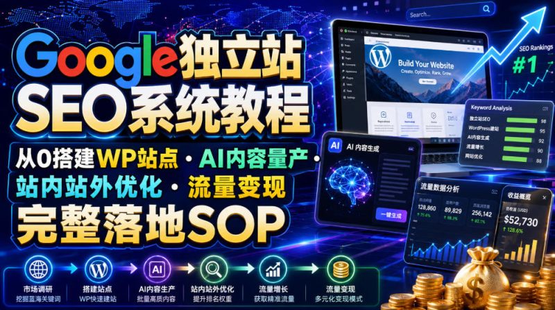Google独立站SEO系统教程，从0搭建WP站点・AI内容量产・站内站外优化・流量变现完整落地SOP(2026年7月)-大伟资源网