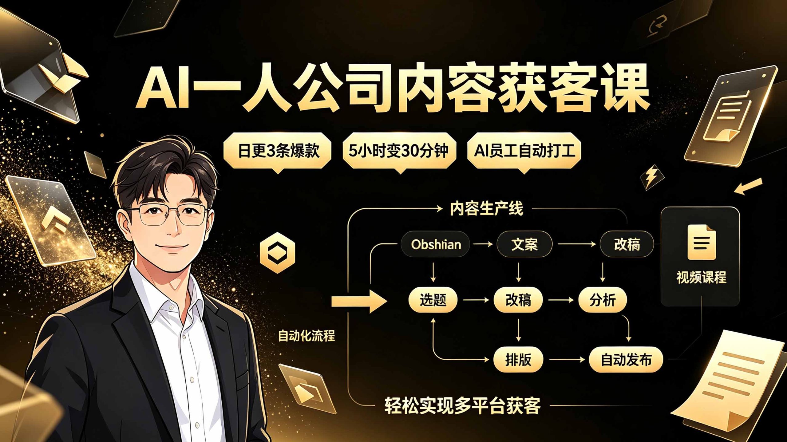 AI一人公司内容获客课：日更3条爆款×5小时变30分钟×AI员工自动打工，轻松实现多平台获客-大伟资源网