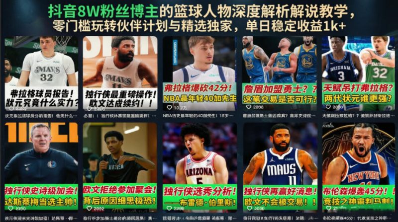 抖音8W粉丝博主的篮球人物深度解析解说教学，零门槛玩转伙伴计划与精选独家，单日稳定收益1k+-大伟资源网