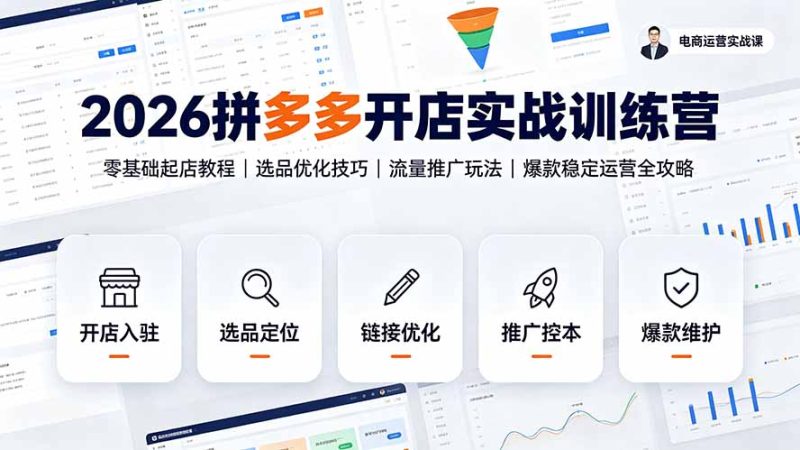 2026拼多多开店实战训练营：零基础起店教程｜选品优化技巧｜流量推广玩法｜爆款稳定运营全攻略-大伟资源网