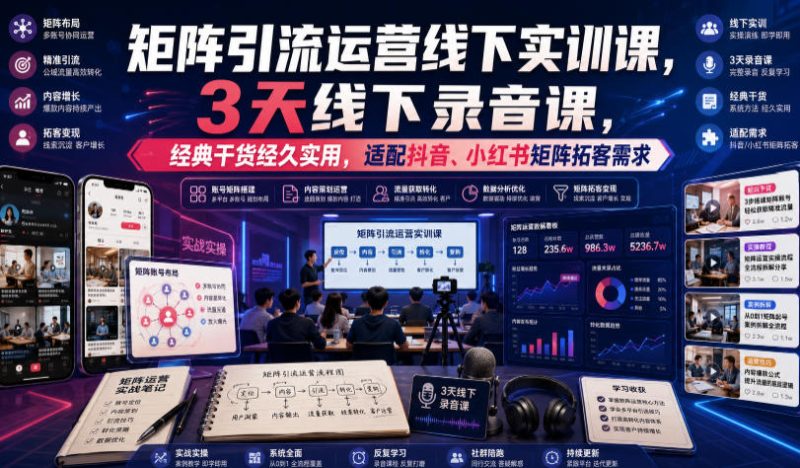 嗨推矩阵引流运营线下实训课，3天线下录音课，经典干货经久实用，适配抖音、小红书矩阵拓客需求-大伟资源网
