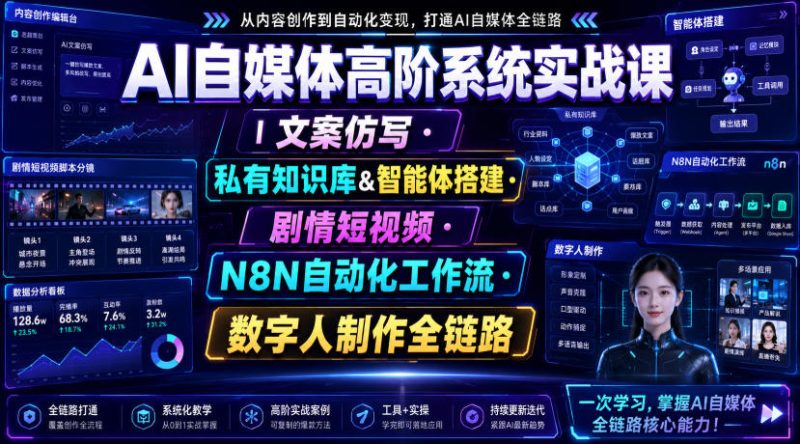 AI自媒体高阶系统实战课｜文案仿写・私有知识库&智能体搭建・剧情短视频・N8N自动化工作流・数字人制作全链路-大伟资源网