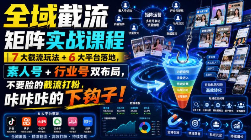 全域截流矩阵实战课程｜7大截流玩法+6大平台落地，素人号+行业号双布局，不要脸的截流打粉，咔咔咔的下钩子！-大伟资源网