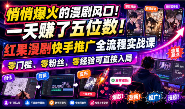 悄悄爆火的漫剧风口！一天賺了五位数！红果漫剧快手推广全流程实战课，零门槛、零粉丝、零经验可直接入局-大伟资源网