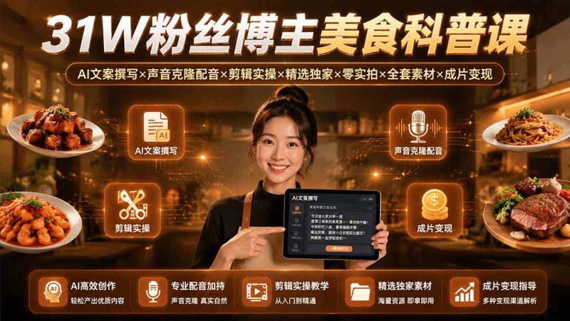 31W粉丝博主美食科普课：AI文案撰写×声音克隆配音×剪辑实操×精选独家×零实拍×全套素材×成片变现-大伟资源网