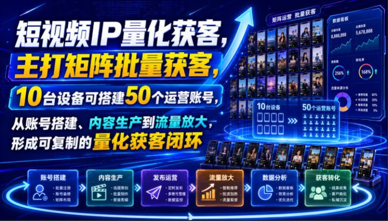 短视频IP量化获客，主打矩阵批量获客，10台设备可搭建50个运营账号，从账号搭建、内容生产到流量放大，形成可复制的量化获客闭环-大伟资源网