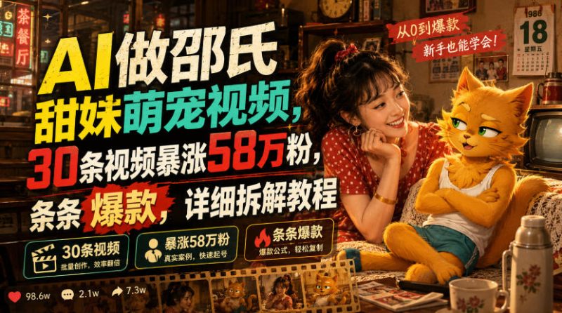 AI做邵氏甜妹萌宠视频，30条视频暴涨58万粉，条条爆款，详细拆解教程-大伟资源网