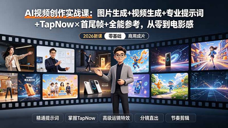 AI视频创作实战课：图片生成+视频生成+专业提示词+TapNow×首尾帧+全能参考，从零到电影感成片-大伟资源网