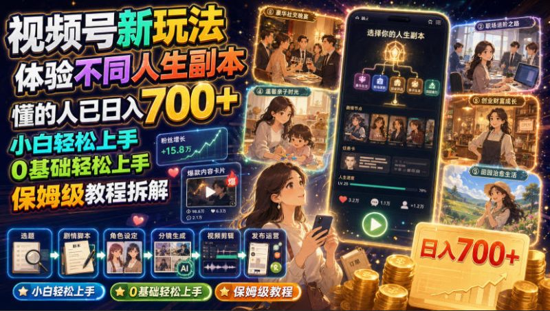 视频号新玩法体验不同人生副本，懂的人已日入700+，小白轻松上手，0基础轻松上手，保姆级教程拆解-大伟资源网